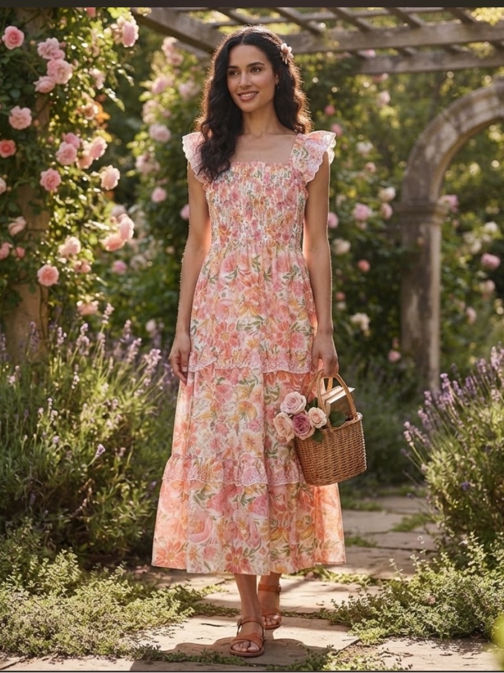 Haute Hippie Floral Smocked Tiered Maxi Dress Size 12 Boho Ruffle Eyelet Cottage